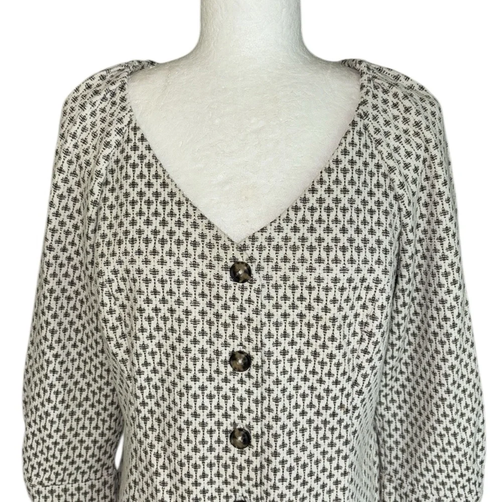 Anthropologie Ett Twa Coralie Metallic Jacquard Button Front Puff Sleeve Top - M